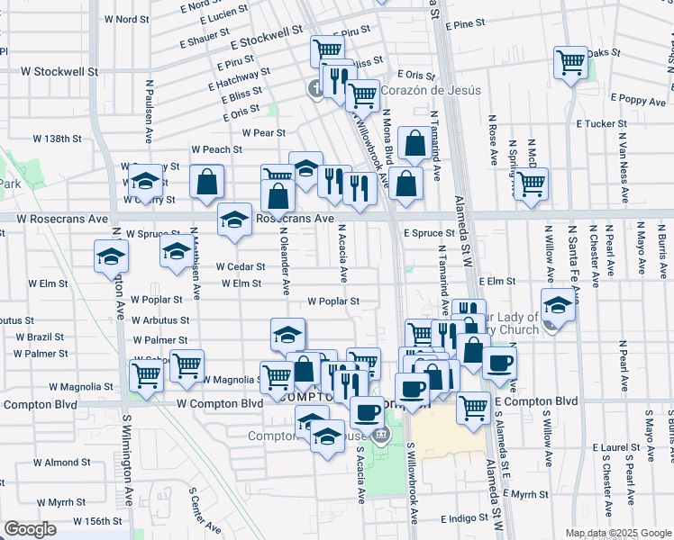map of restaurants, bars, coffee shops, grocery stores, and more near 306 West Cedar Street in Compton