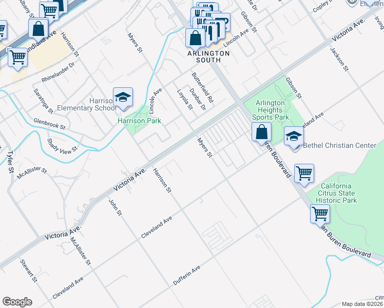 map of restaurants, bars, coffee shops, grocery stores, and more near 2680 Myers Street in Riverside