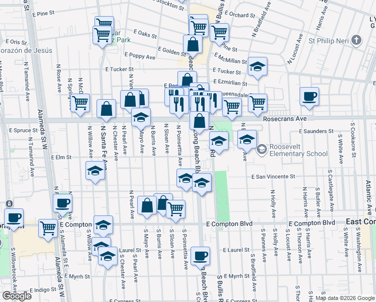 map of restaurants, bars, coffee shops, grocery stores, and more near 711 North Crane Avenue in Compton