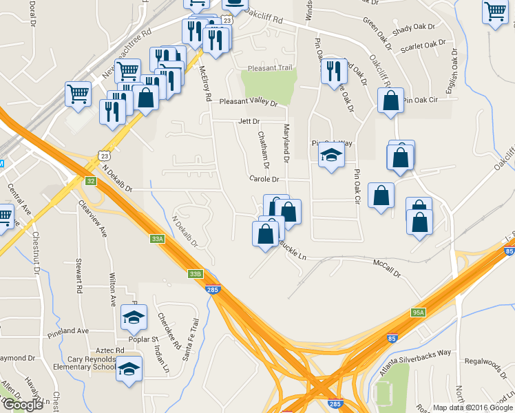 map of restaurants, bars, coffee shops, grocery stores, and more near 3739 Jamestown Court in Atlanta