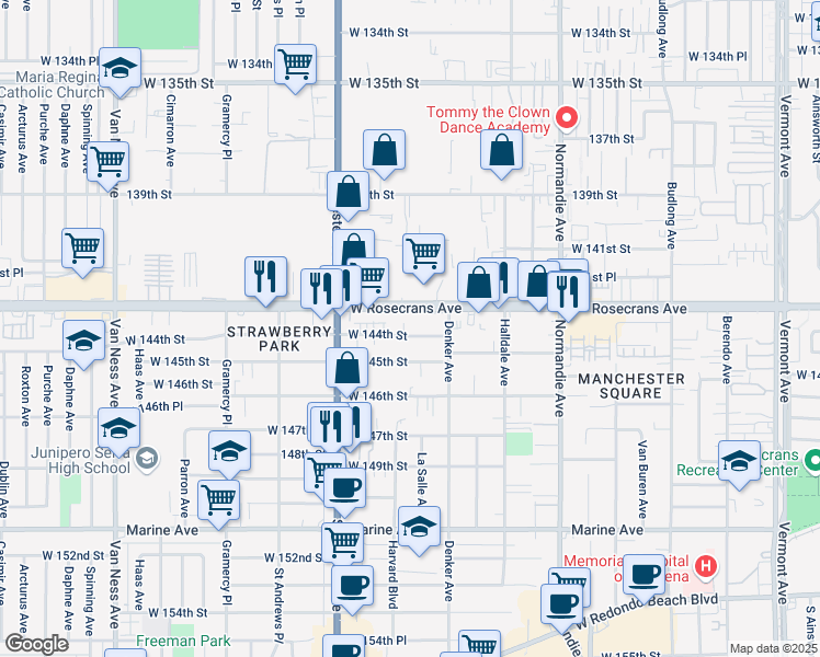 map of restaurants, bars, coffee shops, grocery stores, and more near 1627 West 144th Street in Gardena