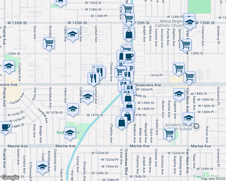 map of restaurants, bars, coffee shops, grocery stores, and more near 14324 Chadron Avenue in Hawthorne