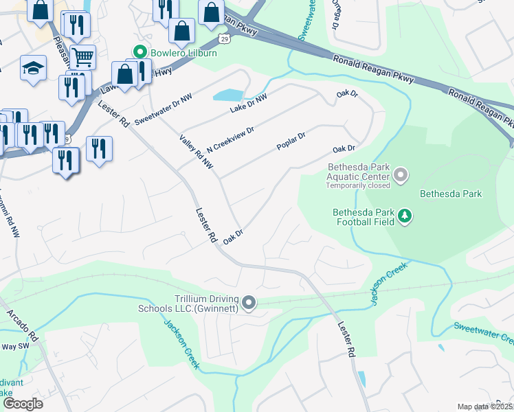 map of restaurants, bars, coffee shops, grocery stores, and more near 3449 Oak Drive in Lawrenceville