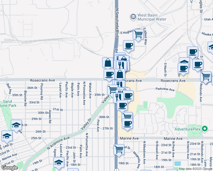 map of restaurants, bars, coffee shops, grocery stores, and more near 3609 Oak Avenue in Manhattan Beach