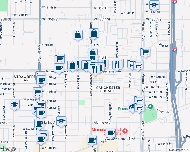 map of restaurants, bars, coffee shops, grocery stores, and more near in Gardena
