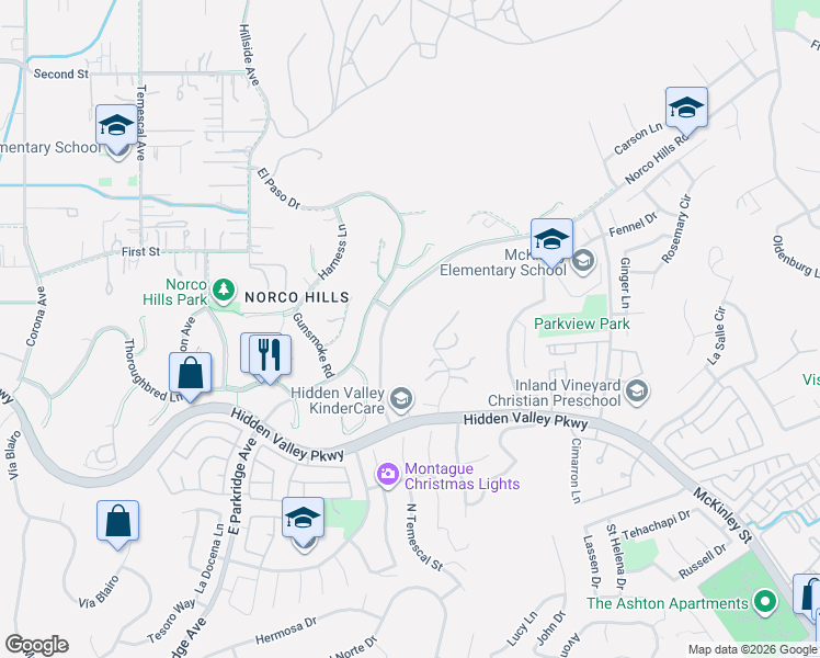 map of restaurants, bars, coffee shops, grocery stores, and more near 1391 El Paso Drive in Norco