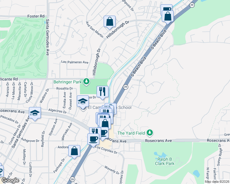 map of restaurants, bars, coffee shops, grocery stores, and more near 4091 Visions Drive in Fullerton