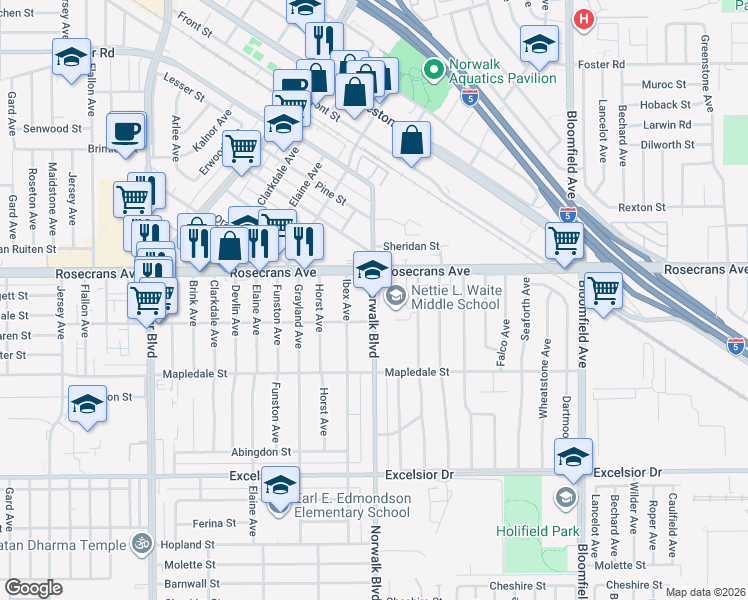 map of restaurants, bars, coffee shops, grocery stores, and more near 50 Rosecrans Avenue in Norwalk