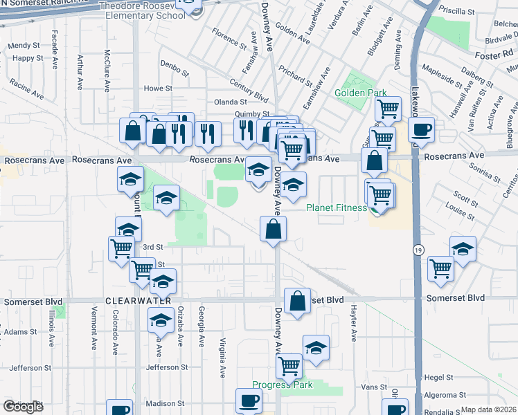 map of restaurants, bars, coffee shops, grocery stores, and more near 14643 Downey Avenue in Paramount
