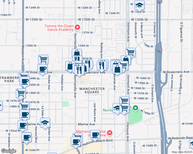 map of restaurants, bars, coffee shops, grocery stores, and more near 1231 West 144th Street in Gardena