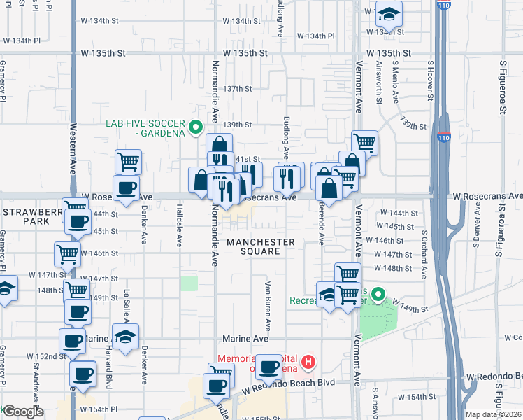 map of restaurants, bars, coffee shops, grocery stores, and more near 1231 West 144th Street in Gardena