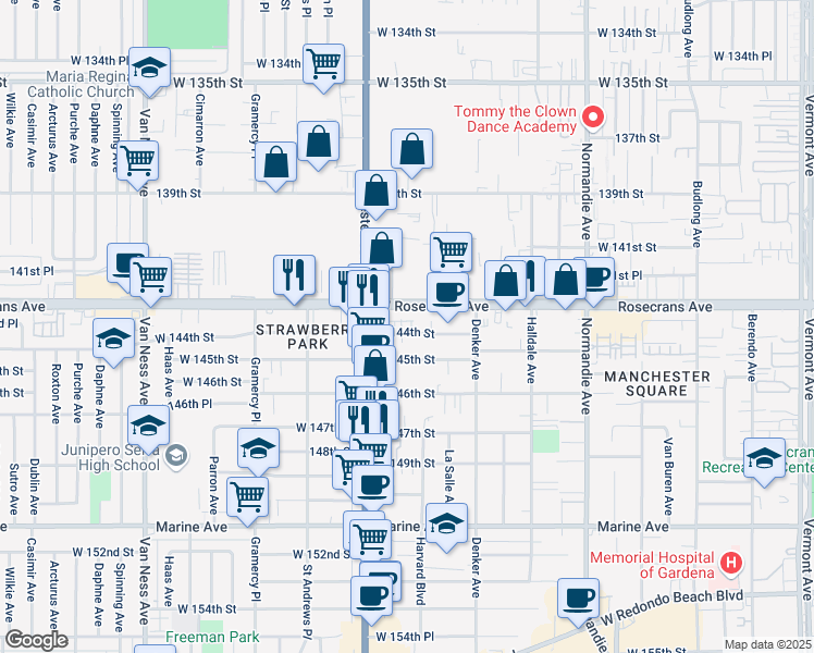 map of restaurants, bars, coffee shops, grocery stores, and more near 1732 Rosecrans Avenue in Gardena
