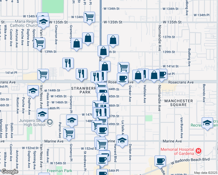 map of restaurants, bars, coffee shops, grocery stores, and more near 1732 Rosecrans Avenue in Gardena