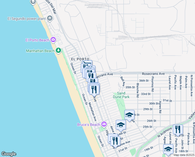 map of restaurants, bars, coffee shops, grocery stores, and more near 426 Rosecrans Avenue in Manhattan Beach