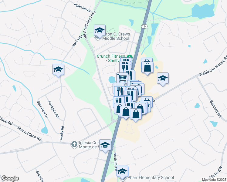 map of restaurants, bars, coffee shops, grocery stores, and more near 1465 Leisure Lake Drive in Lawrenceville