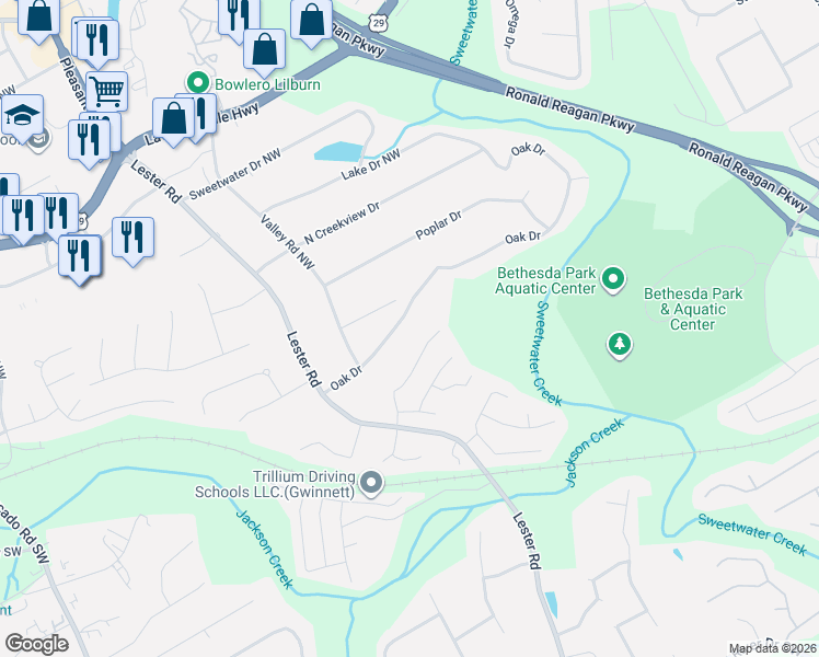 map of restaurants, bars, coffee shops, grocery stores, and more near 3439 Oak Drive in Lawrenceville