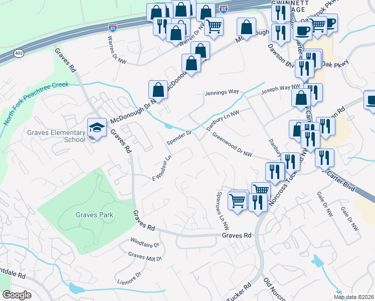 map of restaurants, bars, coffee shops, grocery stores, and more near 6423 East Windsor Lane in Norcross