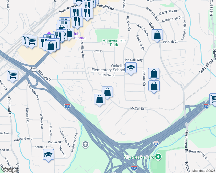 map of restaurants, bars, coffee shops, grocery stores, and more near 3725 Concord Way in Doraville
