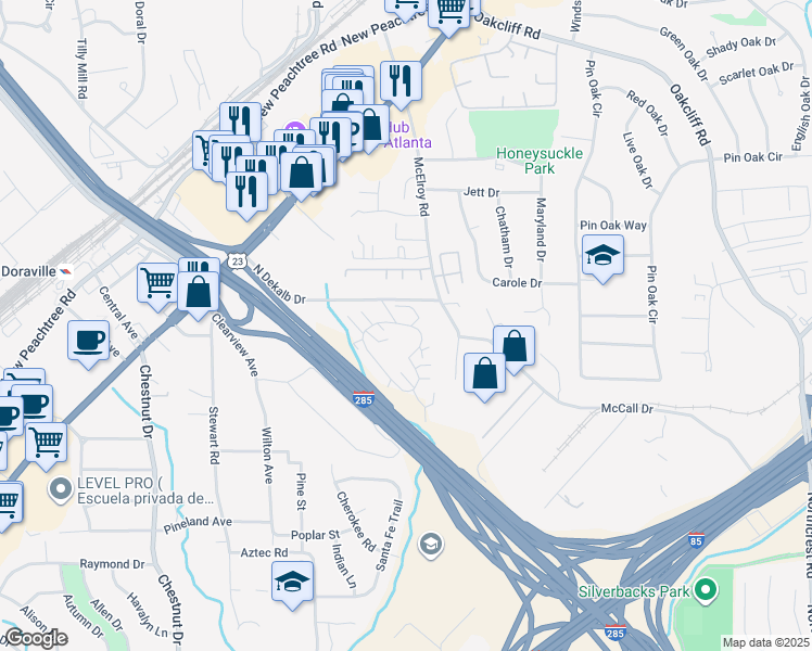 map of restaurants, bars, coffee shops, grocery stores, and more near 2959 North Dekalb Drive in Atlanta