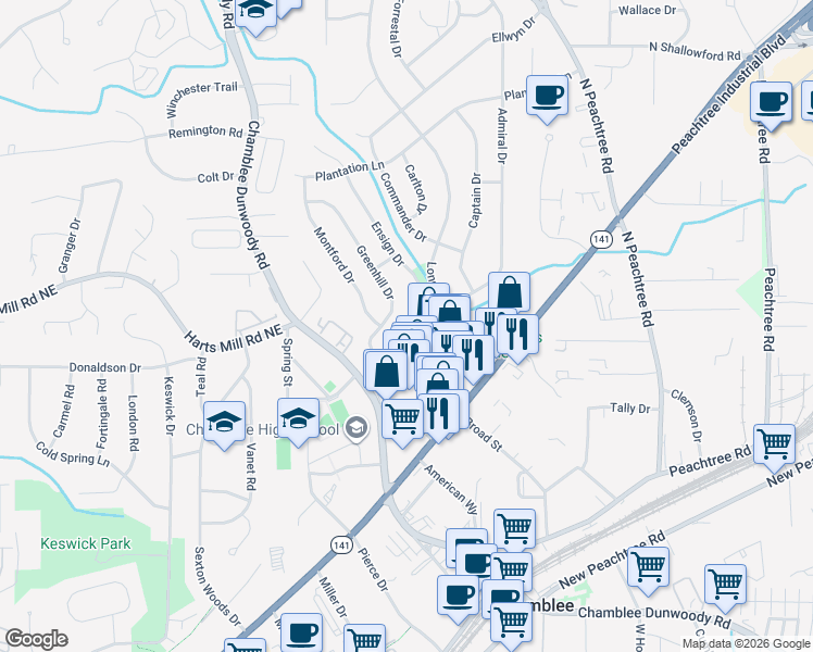 map of restaurants, bars, coffee shops, grocery stores, and more near 3729 Greenhill Drive in Chamblee