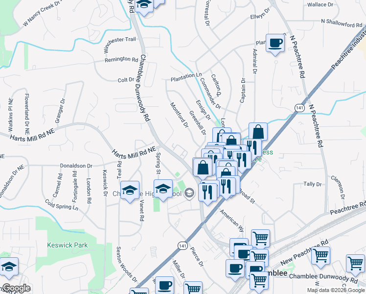 map of restaurants, bars, coffee shops, grocery stores, and more near 3734 Montford Drive in Chamblee