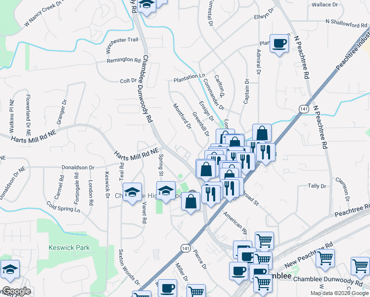map of restaurants, bars, coffee shops, grocery stores, and more near 3734 Montford Drive in Chamblee