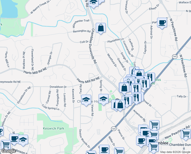 map of restaurants, bars, coffee shops, grocery stores, and more near 2041 Mendenhall Drive in Atlanta