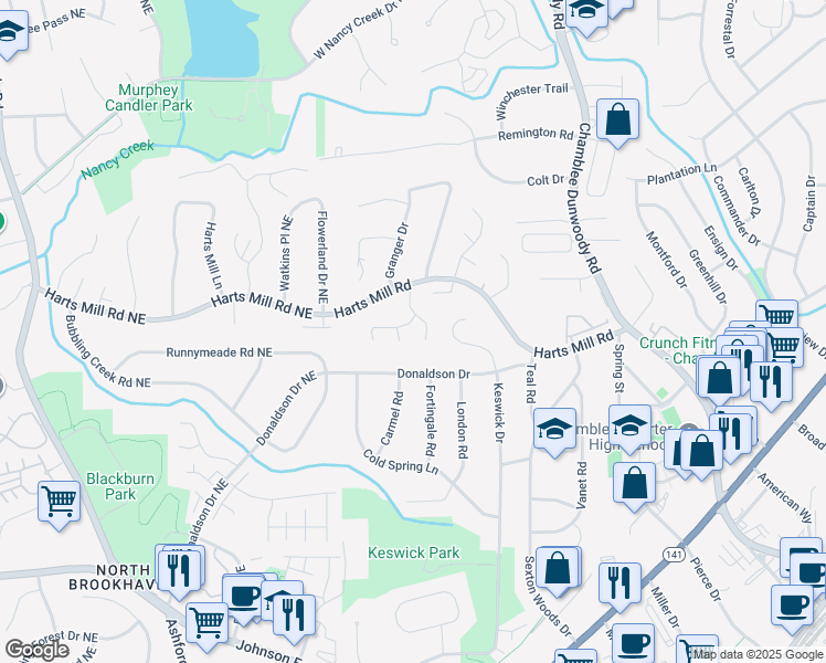map of restaurants, bars, coffee shops, grocery stores, and more near 3736 Harts Place in Atlanta