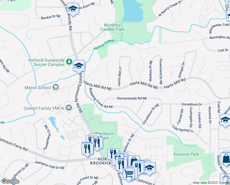 map of restaurants, bars, coffee shops, grocery stores, and more near 1537 Harts Mill Road Northeast in Brookhaven