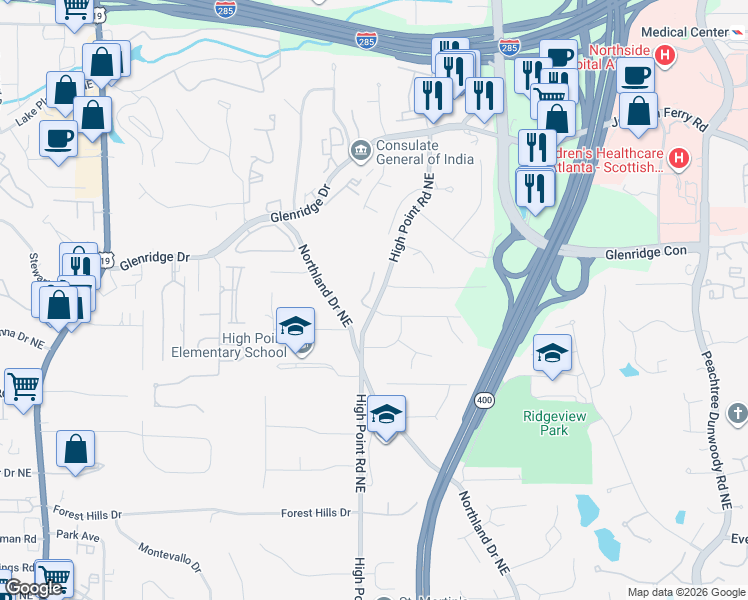 map of restaurants, bars, coffee shops, grocery stores, and more near 5355 High Point Manor Northeast in Atlanta