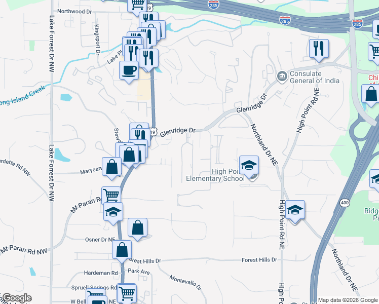 map of restaurants, bars, coffee shops, grocery stores, and more near 67 Willow Glen Northeast in Sandy Springs