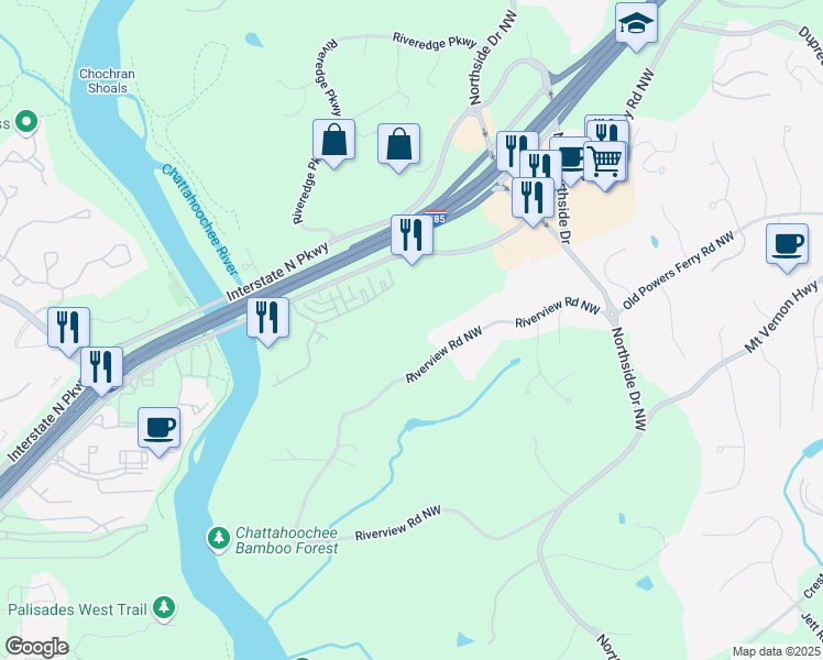 map of restaurants, bars, coffee shops, grocery stores, and more near 5140 Riverview Road Northwest in Atlanta