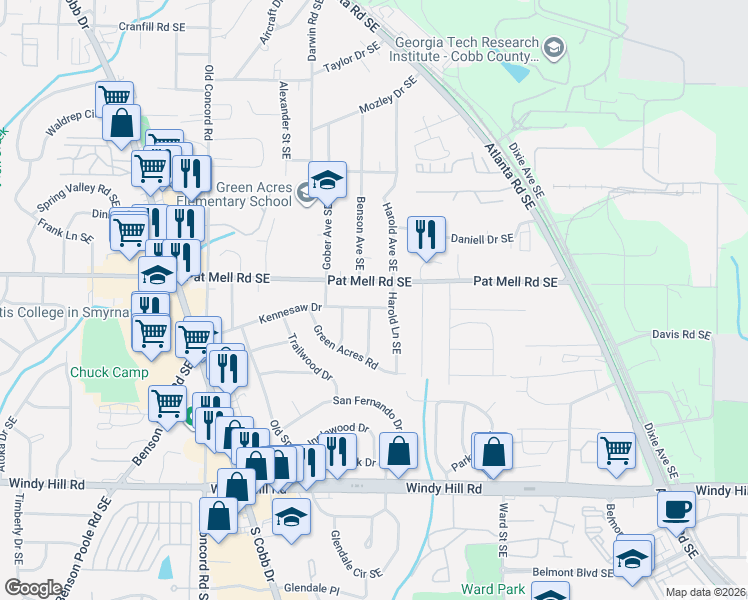 map of restaurants, bars, coffee shops, grocery stores, and more near 702 Pat Mell Road Southeast in Smyrna