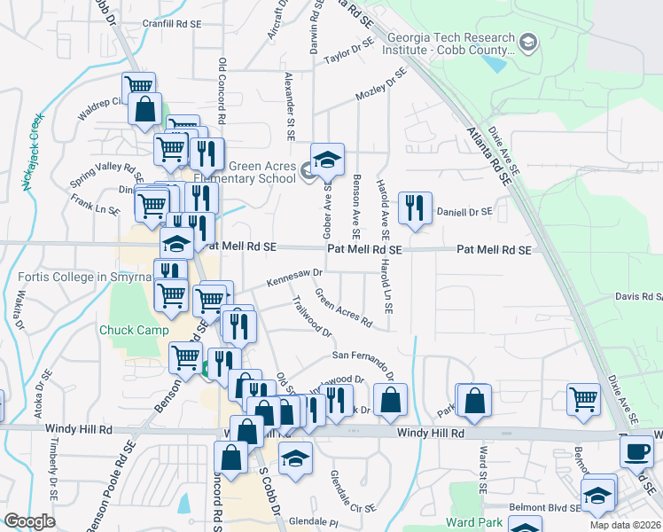 map of restaurants, bars, coffee shops, grocery stores, and more near 650 Pat Mell Road Southeast in Smyrna