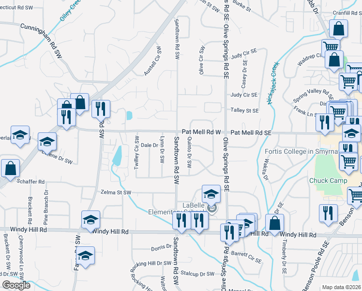 map of restaurants, bars, coffee shops, grocery stores, and more near 2126 Sandtown Road Southwest in Marietta