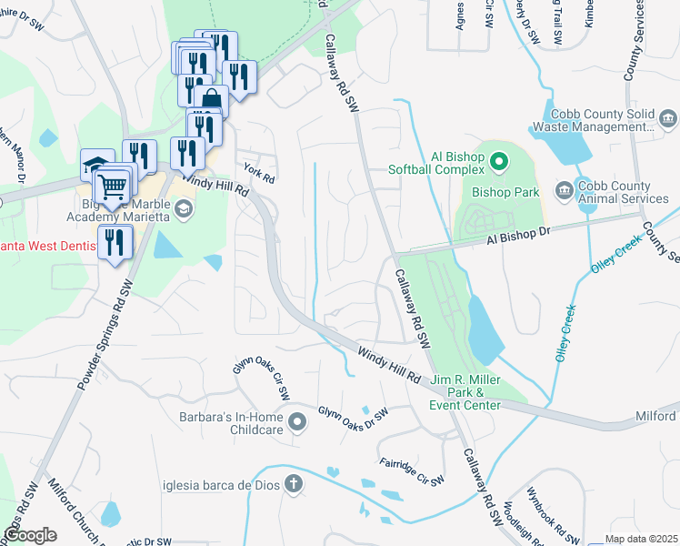 map of restaurants, bars, coffee shops, grocery stores, and more near 1483 Chamirey Drive Southwest in Marietta