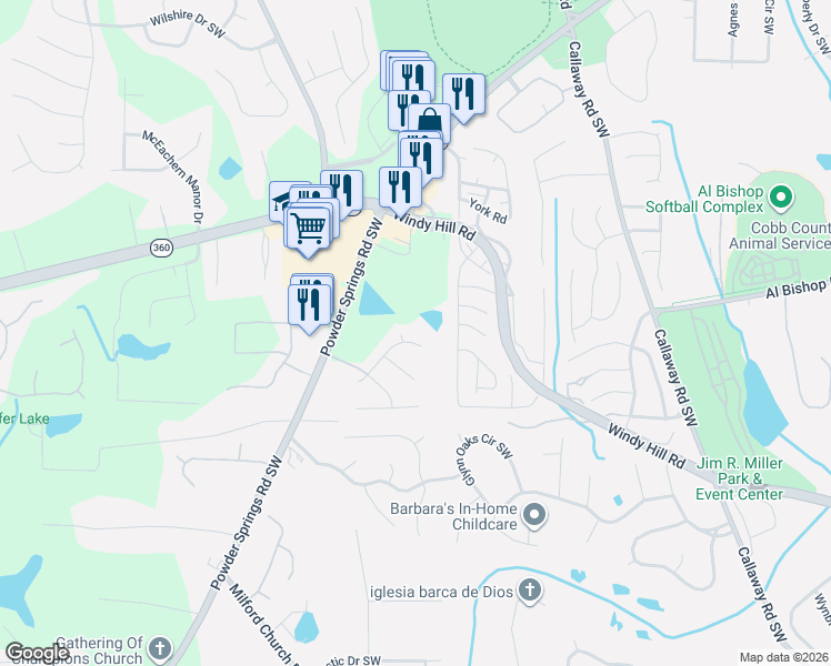 map of restaurants, bars, coffee shops, grocery stores, and more near 2091 Samantha Circle South West in Marietta