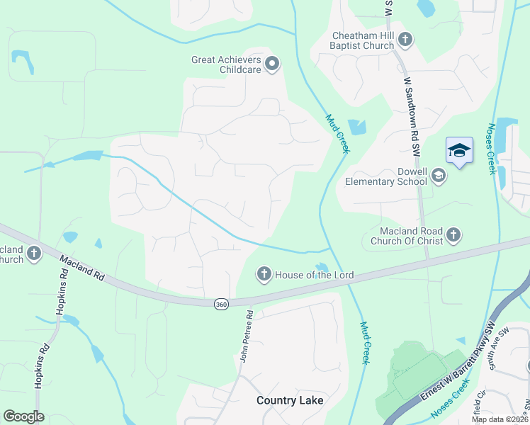 map of restaurants, bars, coffee shops, grocery stores, and more near 2244 Leatherstone Drive in Powder Springs