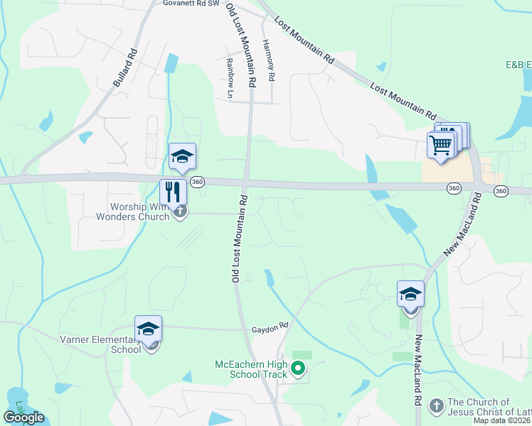 map of restaurants, bars, coffee shops, grocery stores, and more near 2203 Windermere Way in Powder Springs