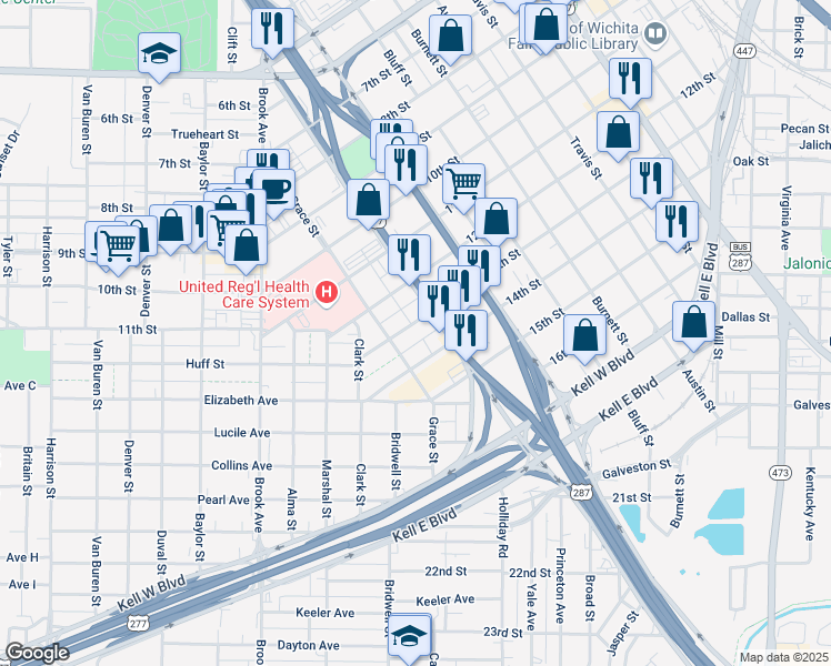 map of restaurants, bars, coffee shops, grocery stores, and more near 1507 13th Street in Wichita Falls