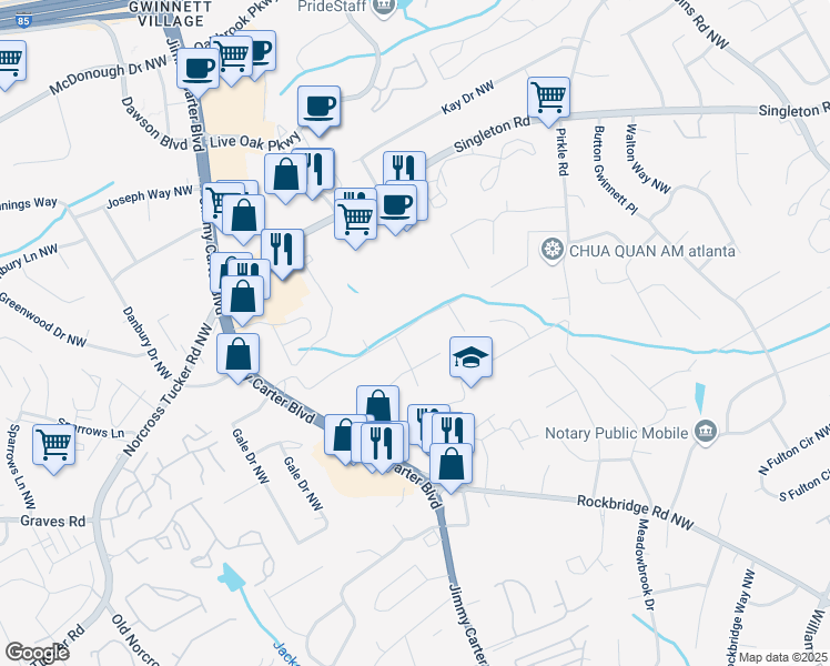 map of restaurants, bars, coffee shops, grocery stores, and more near 6068 Tracy Valley Drive Northwest in Norcross