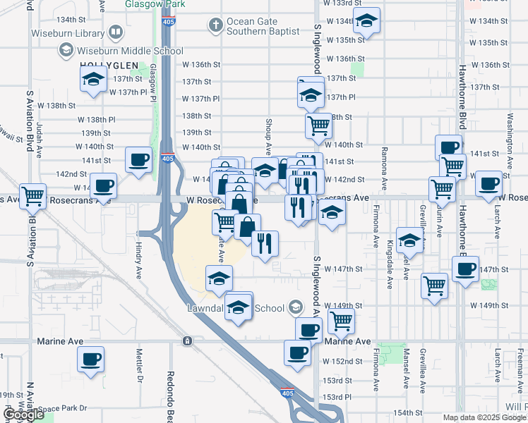 map of restaurants, bars, coffee shops, grocery stores, and more near 4936 Rosecrans Avenue in Hawthorne