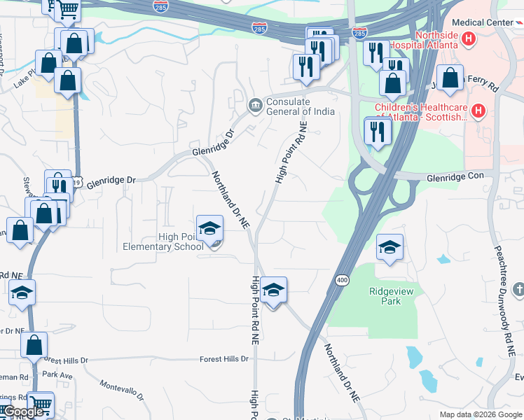 map of restaurants, bars, coffee shops, grocery stores, and more near 5355 High Point Manor Northeast in Atlanta