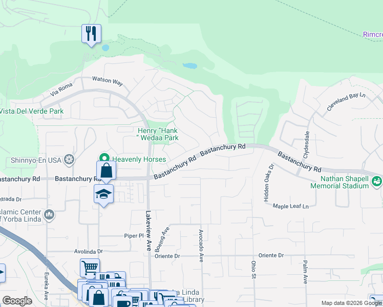 map of restaurants, bars, coffee shops, grocery stores, and more near 4150 Temhurst Court in Yorba Linda