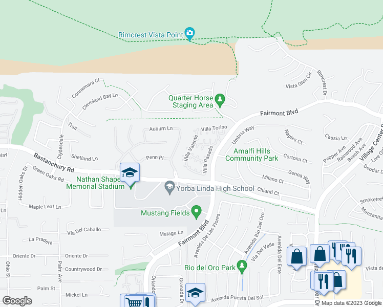 map of restaurants, bars, coffee shops, grocery stores, and more near 19911 Turin Court in Yorba Linda