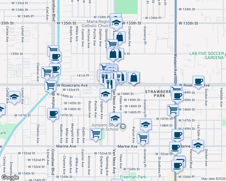 map of restaurants, bars, coffee shops, grocery stores, and more near 14323 Van Ness Avenue in Gardena