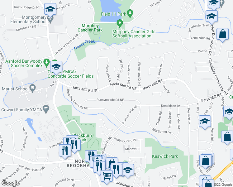 map of restaurants, bars, coffee shops, grocery stores, and more near 3730 Ashford Point in Atlanta