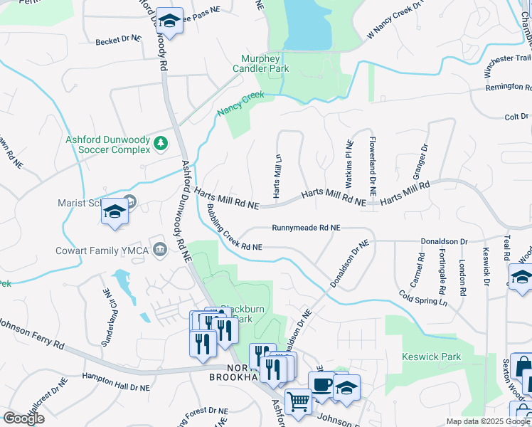 map of restaurants, bars, coffee shops, grocery stores, and more near 1537 Harts Mill Road Northeast in Brookhaven