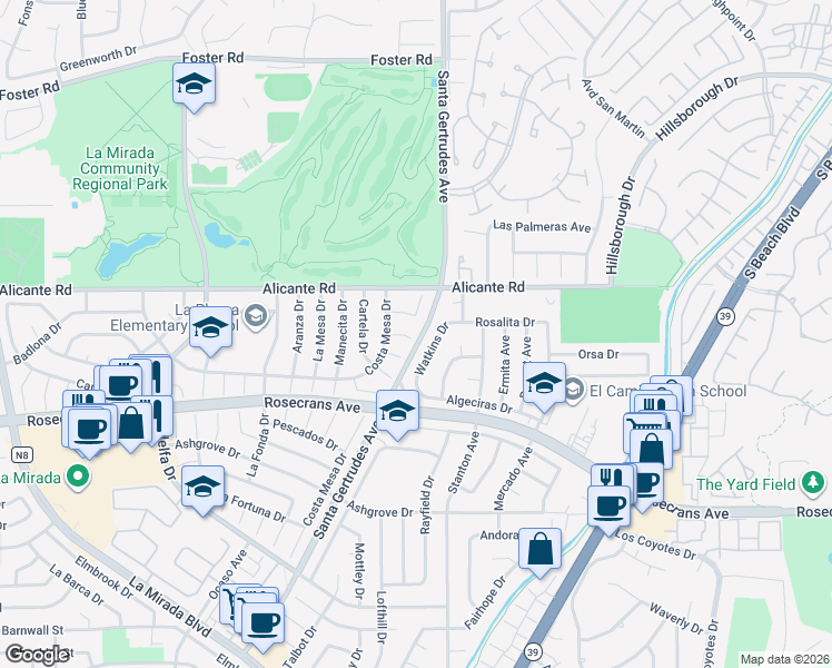 map of restaurants, bars, coffee shops, grocery stores, and more near 15729 Orsa Drive in La Mirada
