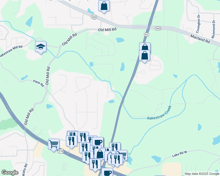 map of restaurants, bars, coffee shops, grocery stores, and more near 92 Indian Lake Court in Hiram